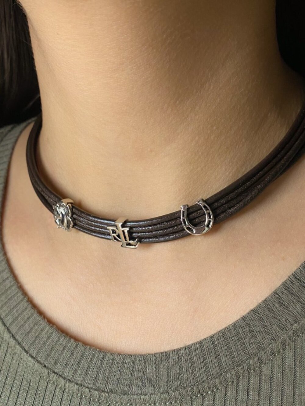 Ralph Lauren Silver Logo Equestrian Charm Brown Leather Cord Collar Necklace